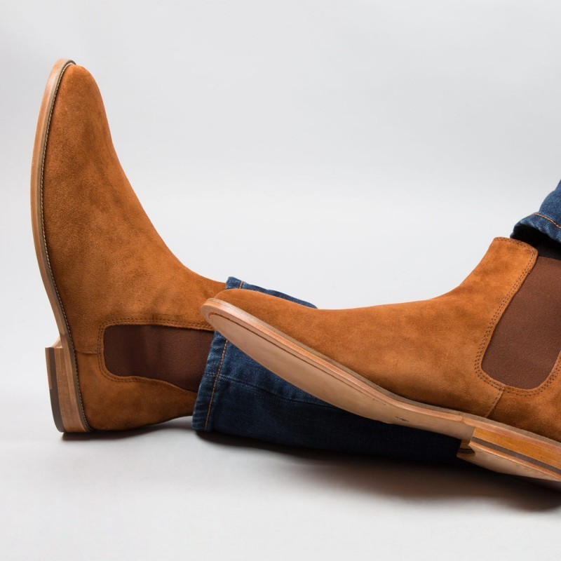 Men Tan Chelsea Jumper Slip On High Ankle Suede Leather Derby Toe Handmade Boots