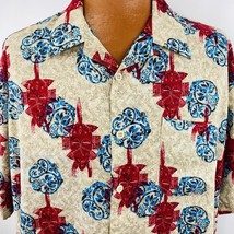 Morro Bay Aloha Hawaiian XL Tiki Mask Paisley Floral Blue Red Beige Shirt - £31.45 GBP