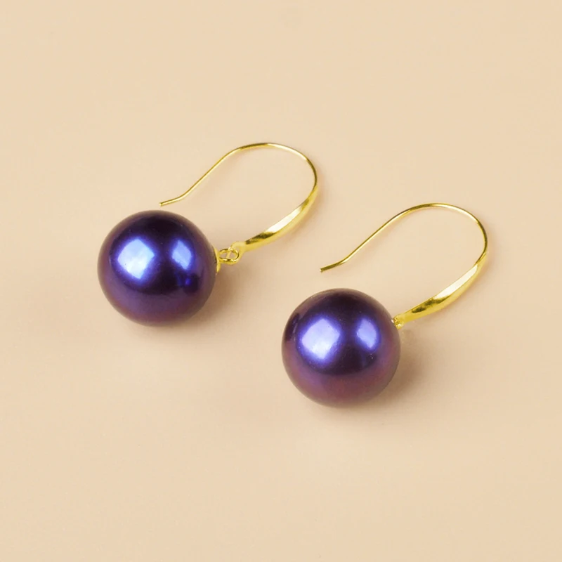 Real Gold Earrings Natural Freshwater Pearl Round Purple 8-9 AU750 Brand Fine Je - £53.71 GBP