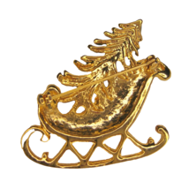 Red Enamel Santa Claus Sleigh and Christmas Tree Pin Brooch Gold Accents 1.5&quot; - £9.70 GBP