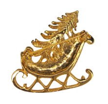 Red Enamel Santa Claus Sleigh and Christmas Tree Pin Brooch Gold Accents... - £9.88 GBP