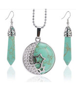 Turquoise crystal moon star pendant earring set - $268.64 MXN