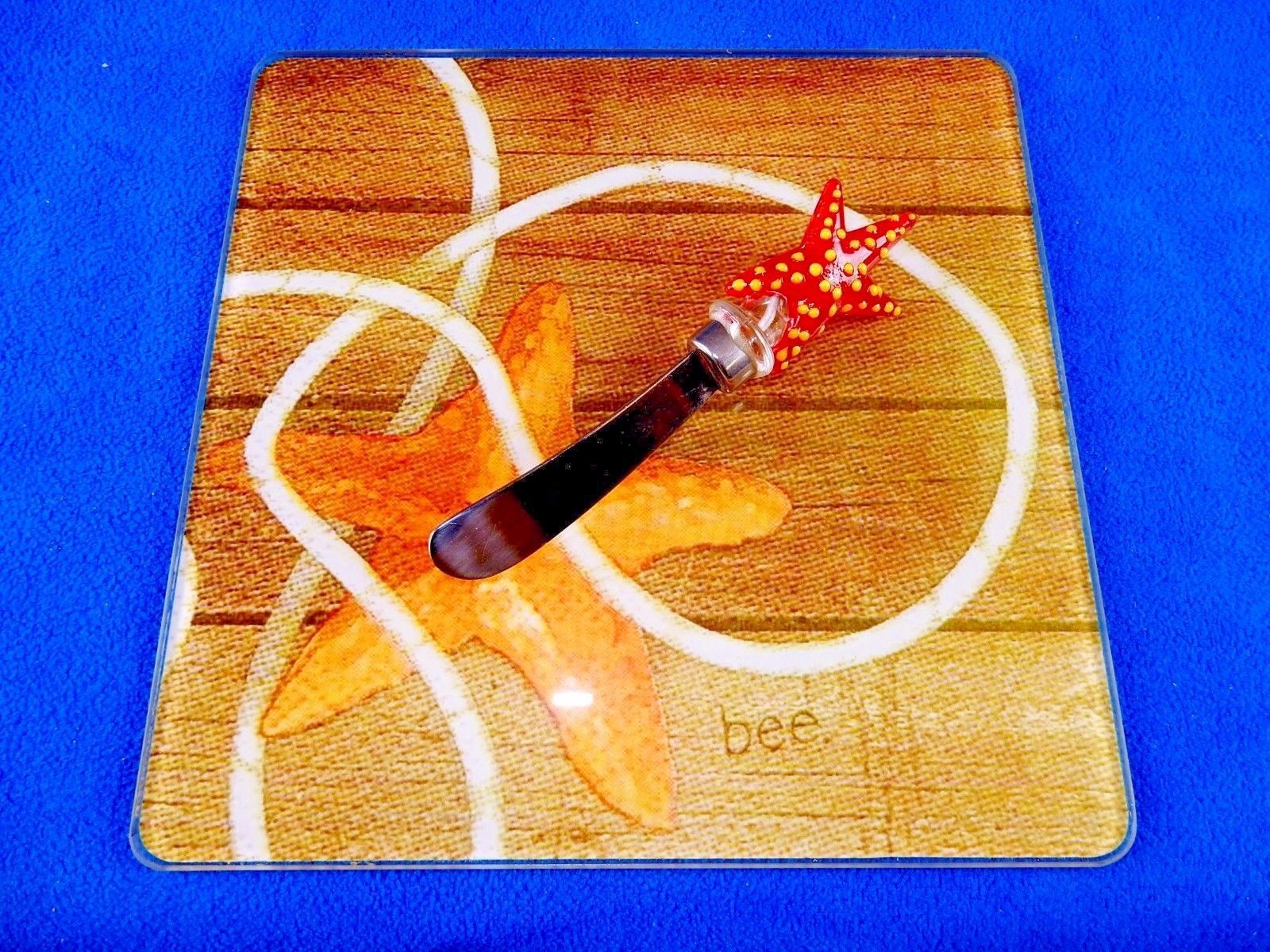 Glass Cheese Board &amp; Knife Set ~ Starfish Theme, Gift Box w/Ribbon ~ #3677 - $8.77