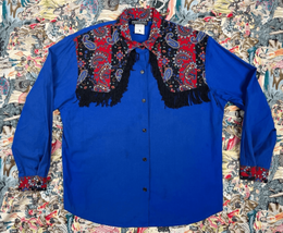 Vtg 80s 90s Ozark Mountain Blue Cotton Button Down Shirt Sz M Western Rodeo Frin - £34.80 GBP