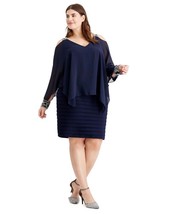 BETSY &amp; ADAM Cold-Shoulder Popover Dress Navy Silver Plus Size 18W $199 - $98.01