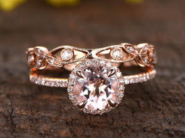 1.60Ct Round Cut Peach Morganite Wedding Bridal Ring Set 14K White Gold Finish - £75.14 GBP