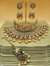 Bollywood Kundan Bridal Choker Necklace Set Jewelry Ad CZ Polki Pearl Wedding - £44.07 GBP