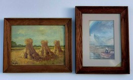 J Tin Cate Lot 2 Small Antique Oil Painting Haystacks Watercolor Villagers Boat - £158.01 GBP