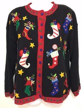 Ugly Christmas Cardigan Sweater L Black Red Colorful Stockings Presents Tiara - £21.87 GBP