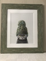 Gray Cat in Green Hat With Exactly Color Matched Frame  - $45.00