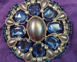 Monet Pin Blue Rhinestones Gray Pearls Round Pin Vintage Estate 2 in. - $23.71