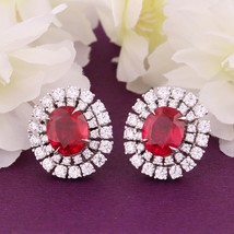 Gift 11.5CT Oval Cut Cz Red Ruby Double Halo Stud Earrings 14K White Gold Over - £72.68 GBP