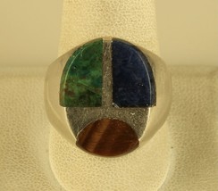 Vintage Sterling Silver Signed Mexico 925 Inlaid Multi Stone Oval Dome Ring 11 - £60.28 GBP