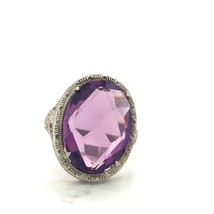 Antique Signed Sterling Silver Art Deco Filigree Oval Amethyst Cocktail Ring 6 - £50.63 GBP