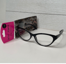 Betsey Johnson Readers Glasses +1.50 Case Set Cat Eye Frame Black Snake Print - £15.72 GBP