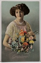 RPPC Congratulations Beautiful Lady with Flowers Silver Gilding Postcard G12 - $10.95