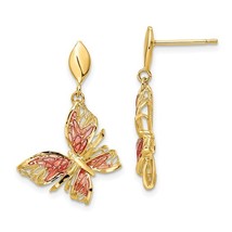 14K Yellow Gold &amp; Pink Enamel Butterfly Dangle Earrings - £291.04 GBP