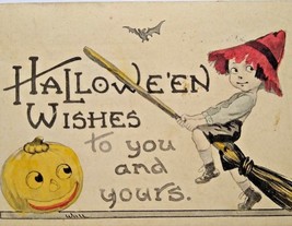 Halloween Postcard Fantasy Wall Hand Tinted Colored Witch Girl JOL Bat Bergman - £171.69 GBP