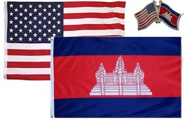 K&#39;s Novelties Set of 2 Flags with Pin USA &amp; Cambodia Country 2x3 2&#39;x3&#39; Flag &amp; La - £7.09 GBP