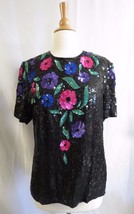 Vintage Gunit Black Silk Sequin beaded Short Sleeve Top color Flowers dr... - £43.47 GBP