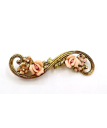 Gold Tone 1928 Floral Swirl Bar Brooch Vintage Lapel Pin Bisque Roses Fa... - $21.78