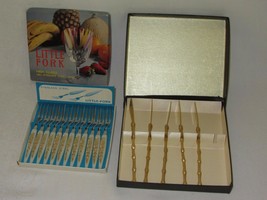 Box 12 Little Fork Vtg Cocktail &amp; 5 Gold Bamboo Handle Appetizer Spreader Knife - £13.44 GBP