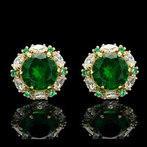 14K Yellow Gold Over 2.20Ct Round Cut Simulated Green Emerald Halo Stud Earrings - £61.59 GBP