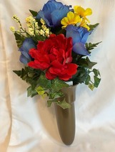 CRYPT SILK FLOWER BOUQUET  VASE BLUE ROSES &amp;RED DELPHINIUM  IVY GREENS (... - £29.25 GBP