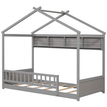 Twin Size House Bed with Storage Shelf and Headboard-Gray - Color: Gray - $5,830.39 MXN