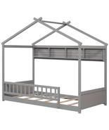 Twin Size House Bed with Storage Shelf and Headboard-Gray - Color: Gray - $312.79