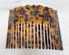 Large Older Hair Comb Faux Tortoise w Floral &amp; Turtle Design 4 1/8 x 3 3... - $28.22