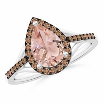 ANGARA Pear-Shaped Morganite Ring with Coffee Diamond Halo for Women in 14K Gold - £1,223.04 GBP