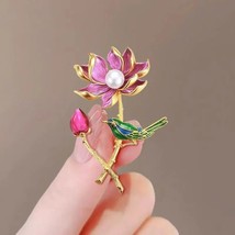 Exquisite Magpie Lotus Brooch For Women Folding Fan Peony Flower Pearl Jewelry - £15.17 GBP