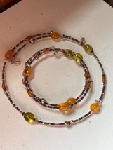 Demi Thin Tiny Bronze Amber &amp; Green Plastic Bead Stretch Necklace &amp; Brac... - £14.50 GBP