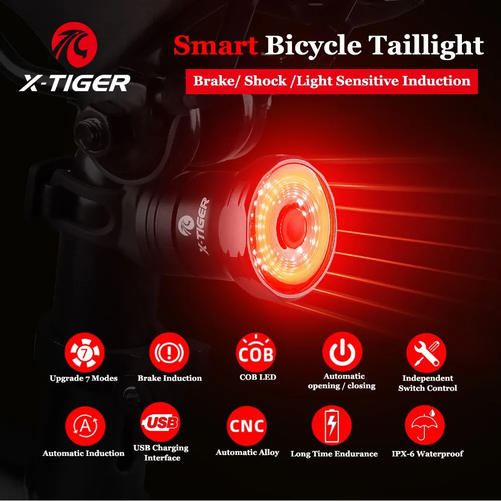 X-TIGER Bike Rear Light Smart Brake Sensing Light Bicycle Tail Light IPX6 - £8.47 GBP