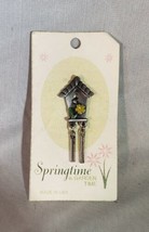 Vintage Pewter Bird House Pin Brooch Yellow Flower  - £6.99 GBP