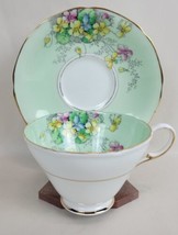 Vintage Paragon Teacup &amp; Saucer Violetta Green Floral Gold Rim England - £31.01 GBP