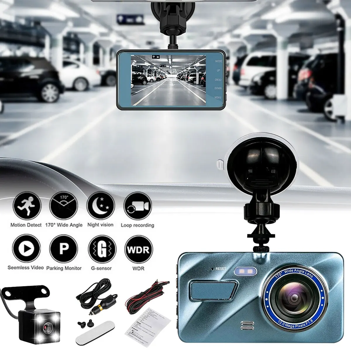 Car Dash Cam 1080P 4 Inch HD Video Recorder Rear View Dual Lens HD Cycle - £25.50 GBP+