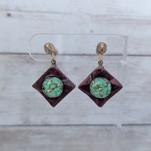 Vintage Screw Back Earrings Burgundy with Green &amp; Gold Tone Dangle - $14.99