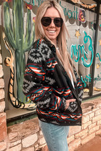 Black Aztec Printed Zip Up Collar Jacket - $25.11