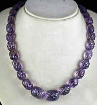 Classic Natural Amethyst Beads Carved Long 552 Cts Gemstone Silver Necklace - £191.36 GBP