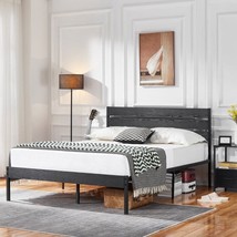 Queen size Industrial Platform Bed Frame with Wood Slatted Headboard in Black - £266.02 GBP