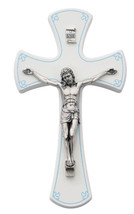 Wall Cross, White with Blue and Silver Toned Corpus and INRI, 7 inches - $37.95