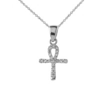 14k Solid White Gold Mini Diamond Ankh Cross Pendant Necklace - Minimalist - £95.80 GBP+