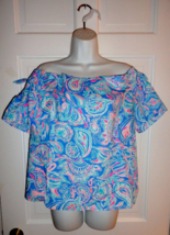 NWT LILLY PULITZER ZANZIBAR BLUE FISH KISS TAMARA OFF THE SHOULDER TOP XL - $1,027.77 MXN
