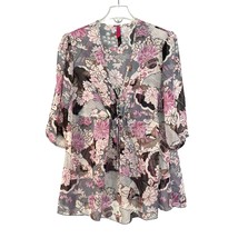 Pure Energy Size 2 Gray Purple Floral Sheer Tie Waist 1/2 Sleeve Blouse - £9.80 GBP