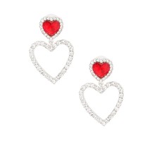 Red Crystal Halo Clear Rhinestone Heart Cutout Silver Stud Drop Fashion Earring - $35.28