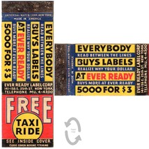 Vintage Matchbook Cover Every ready Label Co NYC 1930s free taxi ride coupon - £10.07 GBP