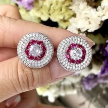 6 Ct Created Ruby &amp; Diamond 14K White Gold Plated Art Deco Stud Wedding Earrings - £112.83 GBP