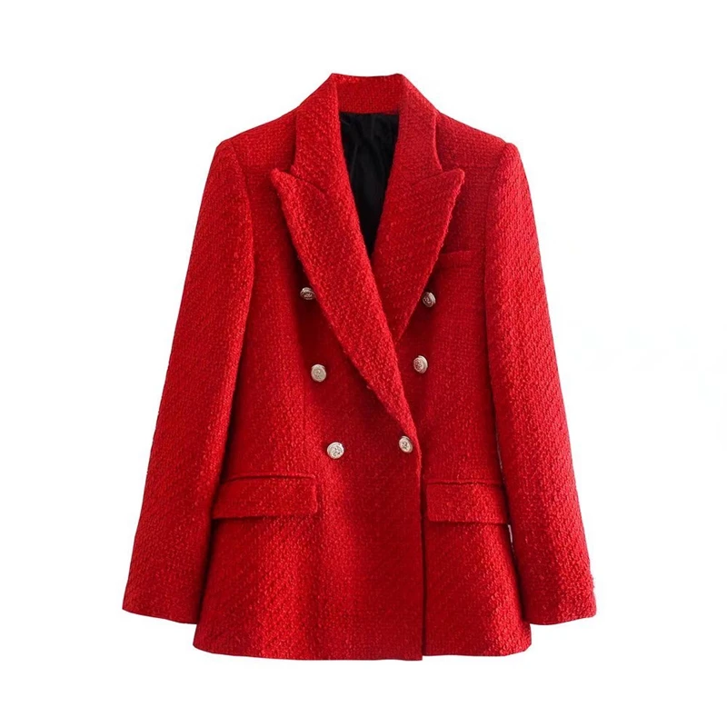 Tangada Women 2021  Red Tweed Thick Blazer Coat Vintage Double Breasted Long Sle - $207.81